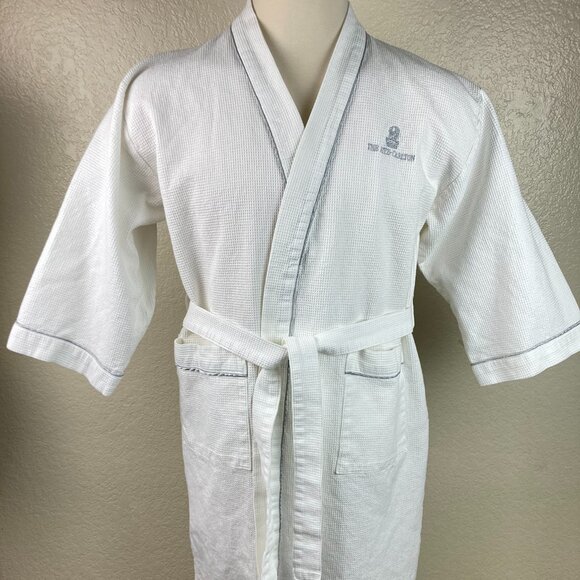 The Ritz Carlton Waffle White Mid-calf length Robe Pockets Gray Trim One Size - Picture 1 of 11